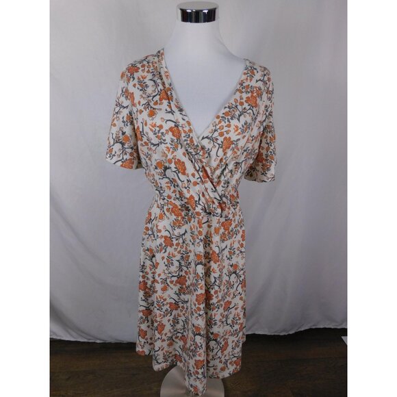 Fensace Large Cream Orange Floral Wrap V-Neck Midi Dress - Picture 1 of 11